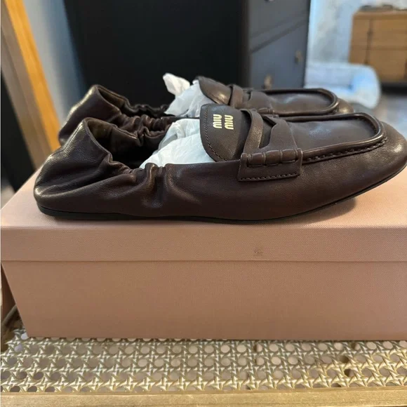 Miu Miu Rouched back Nappa Leather Brown Loafers - Picture 9 of 16